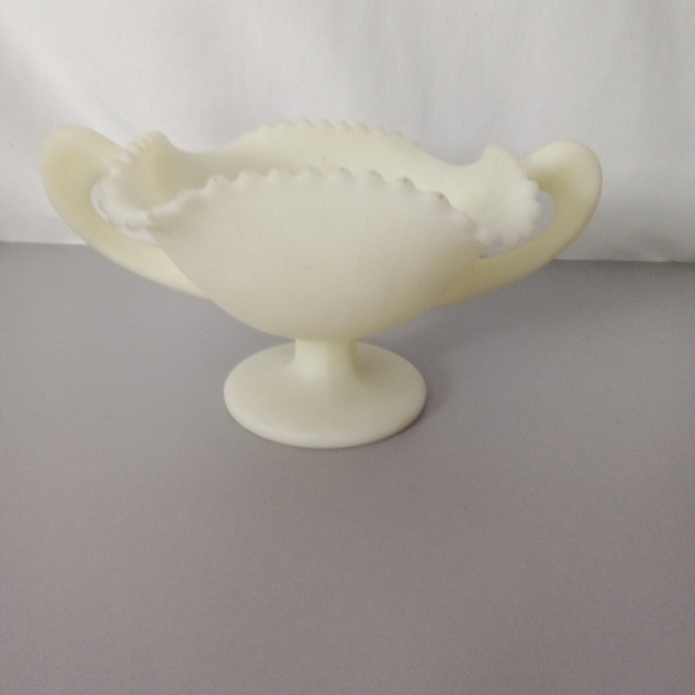 Fenton Uranium Custard Glass Ruffled Bon Bon Dish Double Handle Pedestal Bowl